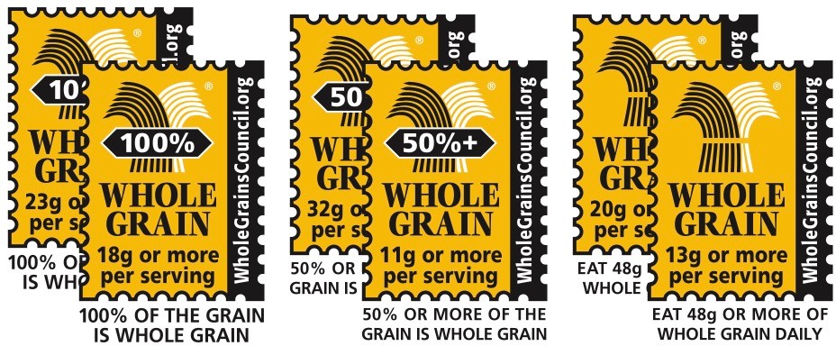 Whole Grains Council stamps: 100% Whole Grain, 50%+ Whole Grain, and Whole Grain stamps used on food packaging to indicate whole-grain content per serving.