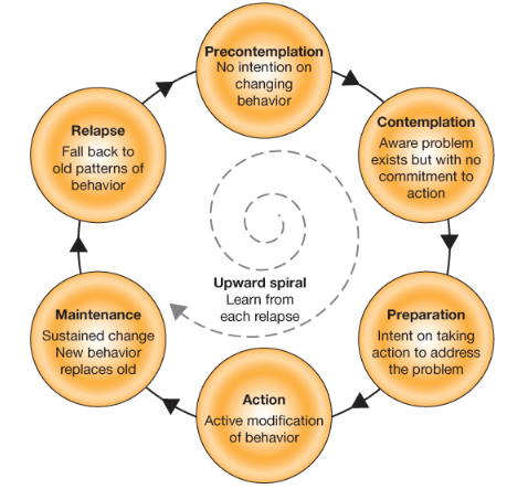 A circular diagram of the stages of behavior change: precontemplation, contemplation, preparation, action, maintenance and relapse, with an upward spiral at the center.