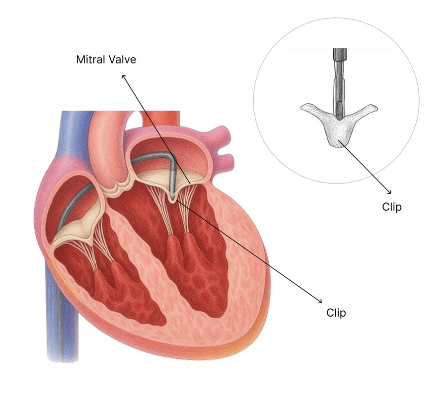 Drawing of a transcatheter mitral valve clip delivered from the right atrium across the septum, grasping the mitral leaflets, with an inset of the clip device.