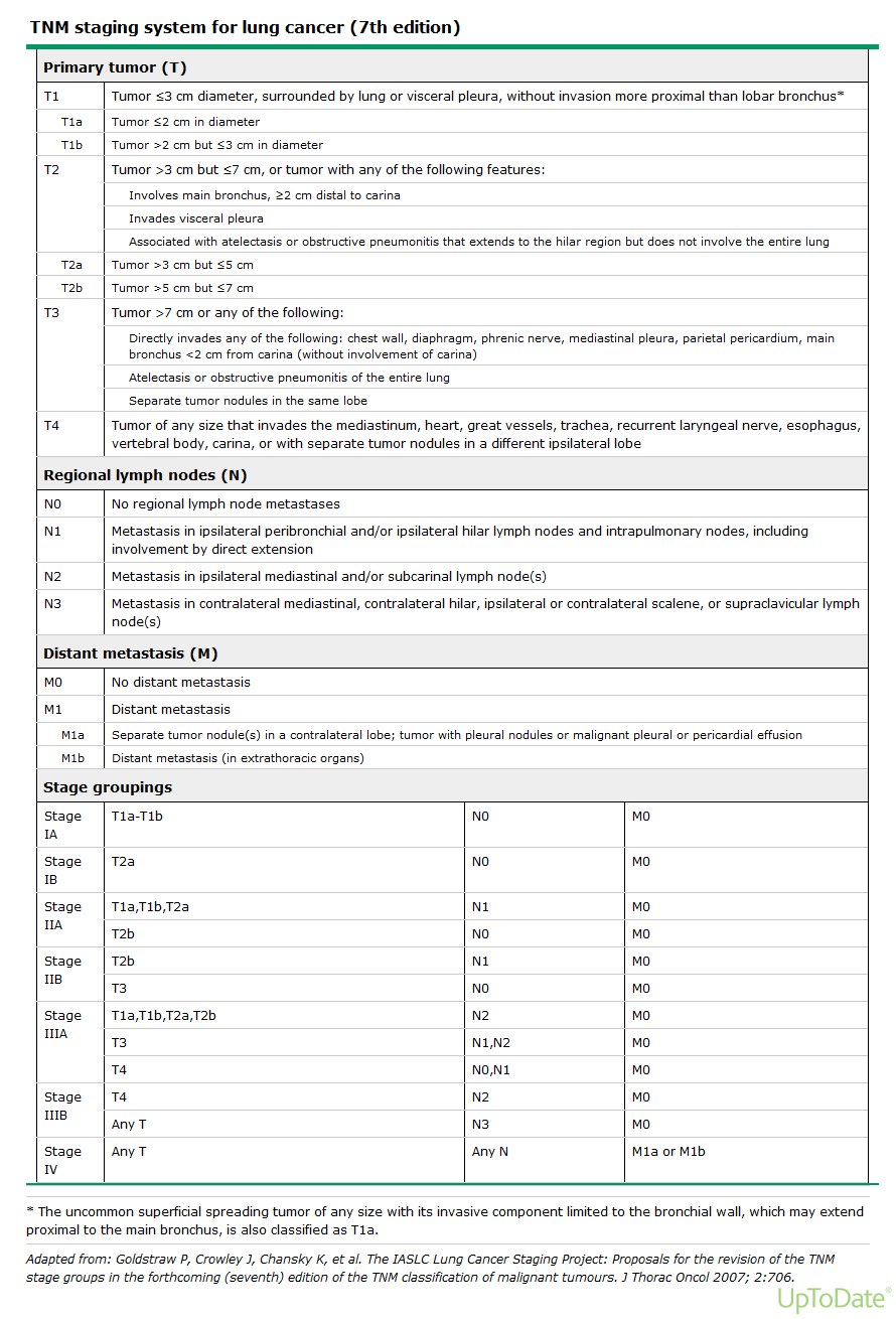 A detailed TNM staging table for lung cancer, seventh edition, listing T categories by tumor size and invasion, N categories by nodal station, M categories, and the resulting stage groupings.