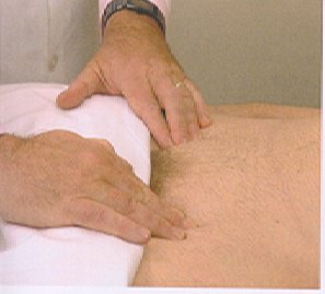 Examiner's hands pressing into the groin of a supine patient just below the fold of the hip.