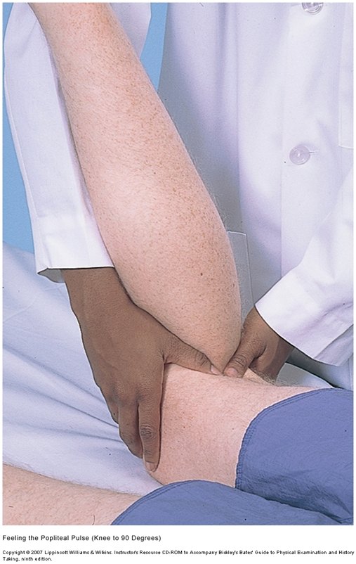 Patient lying prone with the knee bent to ninety degrees while the examiner presses thumbs into the back of the knee.