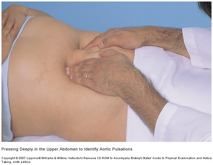 Examiner's hands pressing deep into the upper abdomen of a supine patient, one on either side of the midline.