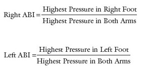 Two fractions: right ankle brachial index equals highest pressure in right foot over highest pressure in both arms, and the same for the left.